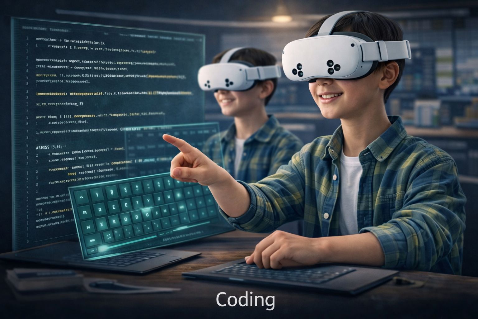 Students using Meta Quest VR for coding training